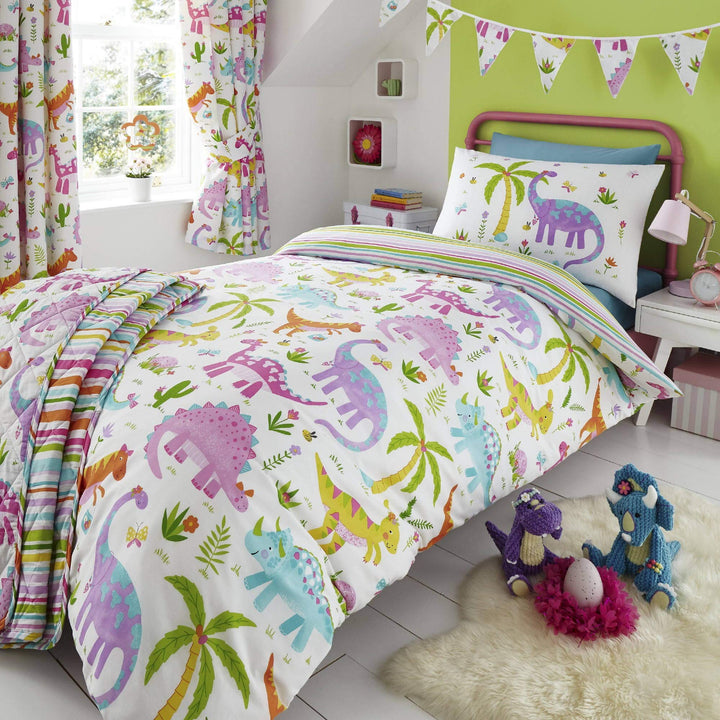 Happy Linen Company Mädchen Tagesdecke - Dinosaurier-Motive - wendbar - Rosa & Weiss
