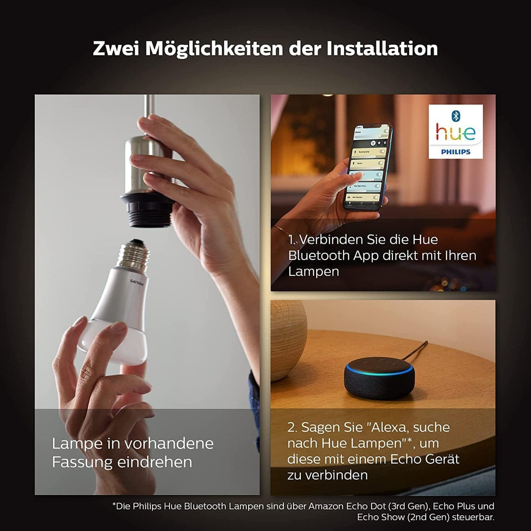 Philips Hue White Ambiance E27 LED Leuchten 4-er Pack, 4x800, dimmbare LED Lampen für das Hue Lichts