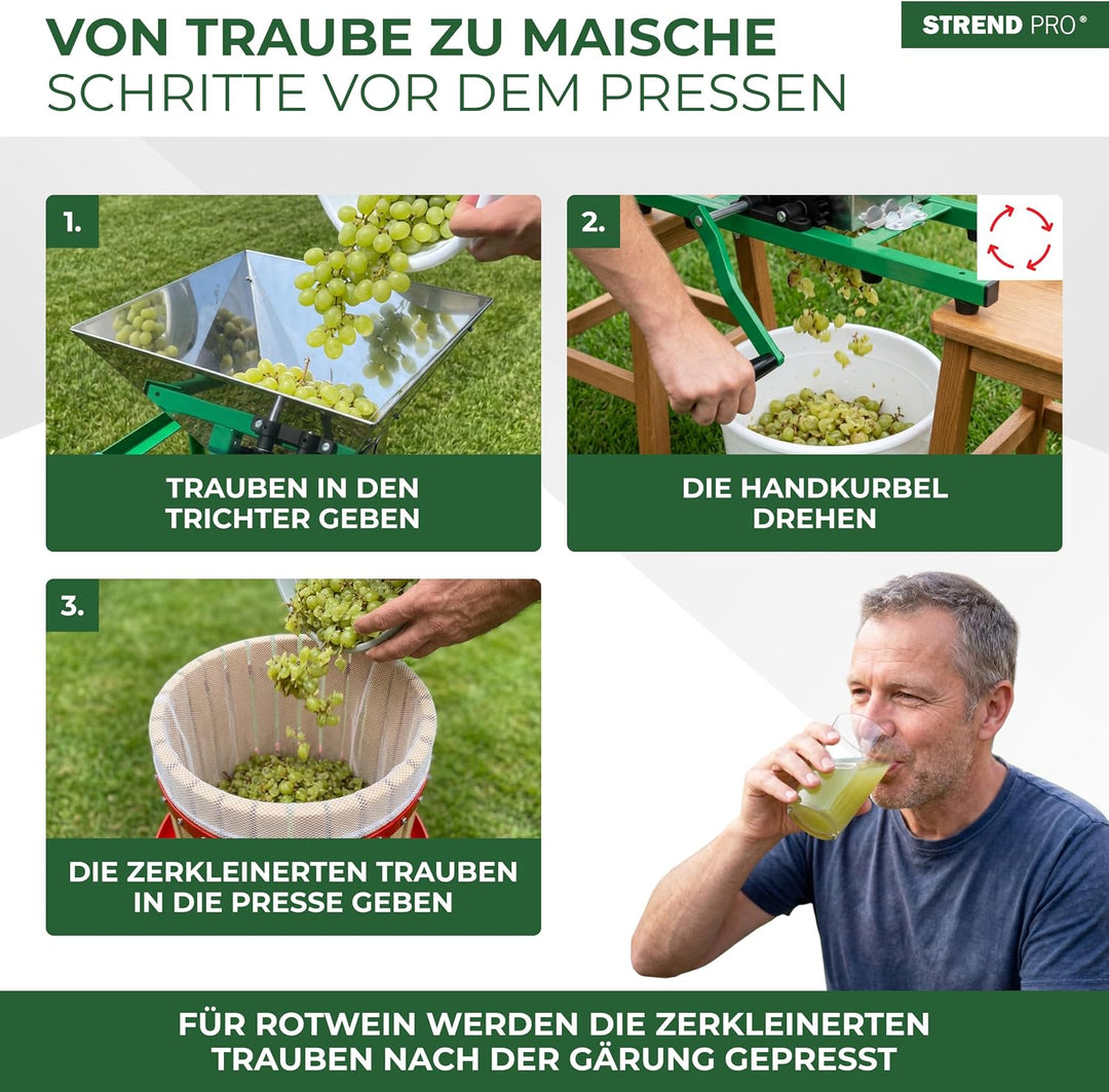STREND PRO Traubenmühle 7 L Edelstahl ohne Ständer | Maischemühle Beerenmühle mit Handkurbel | Traub