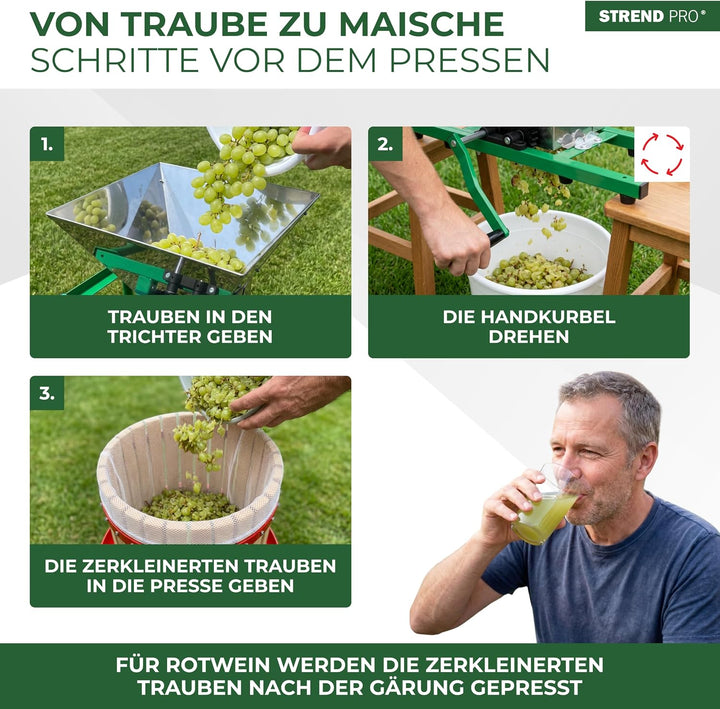 STREND PRO Traubenmühle 7 L Edelstahl ohne Ständer | Maischemühle Beerenmühle mit Handkurbel | Traub