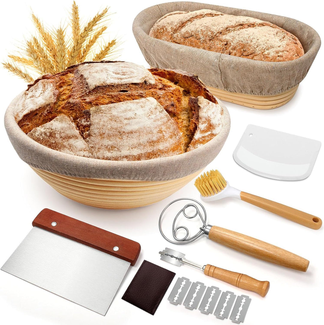 Brot Gärkorb Set, Gärkörbchen zum Brotbacken, 23cm Rund & 25cm Oval Brotkörbchen, 100% natürlichem R