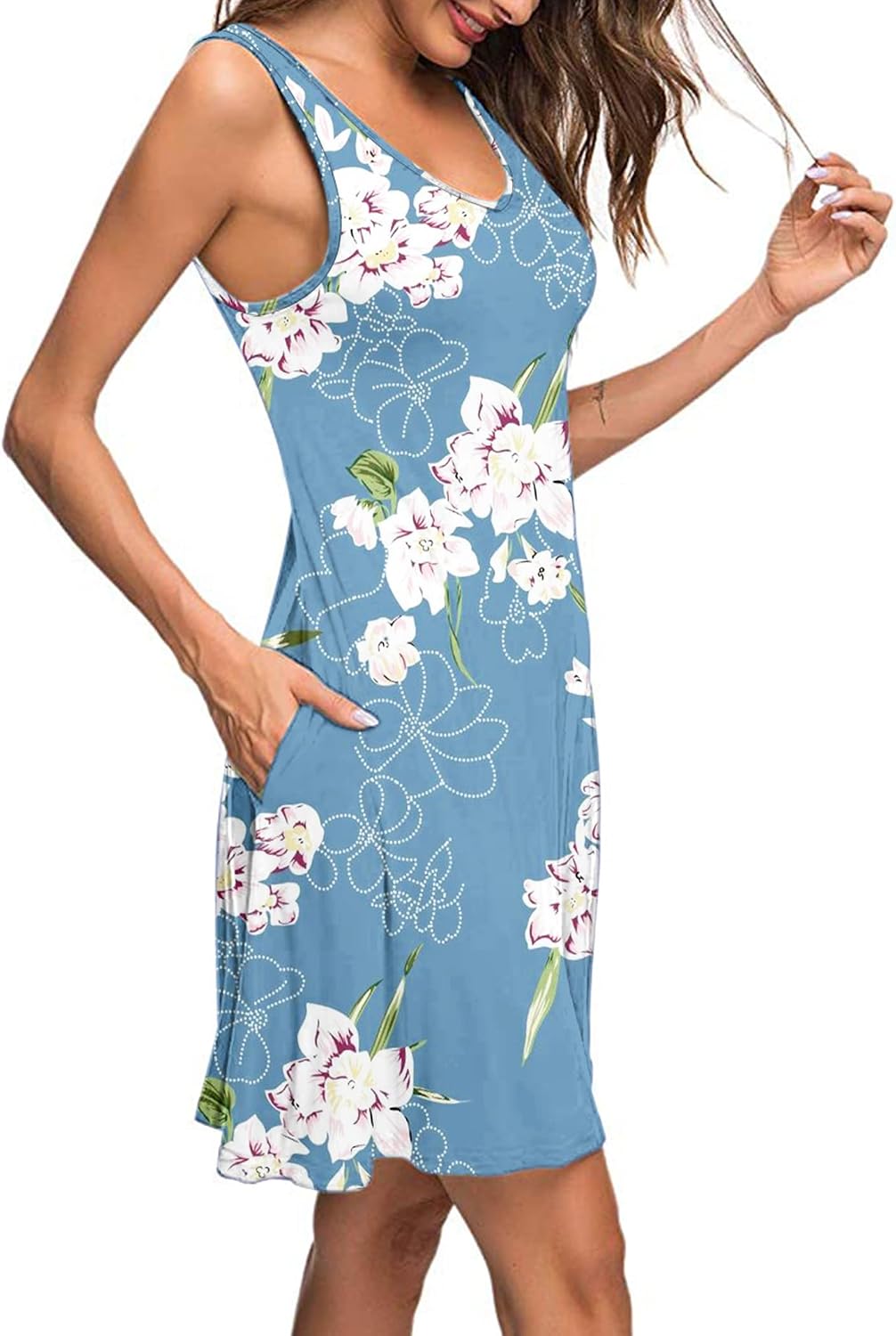 AUSELILY Sommerkleid Damen Ärmellose Strandkleid Leicht Swing Kleid V Ausschnitt Mini Kleid Florales
