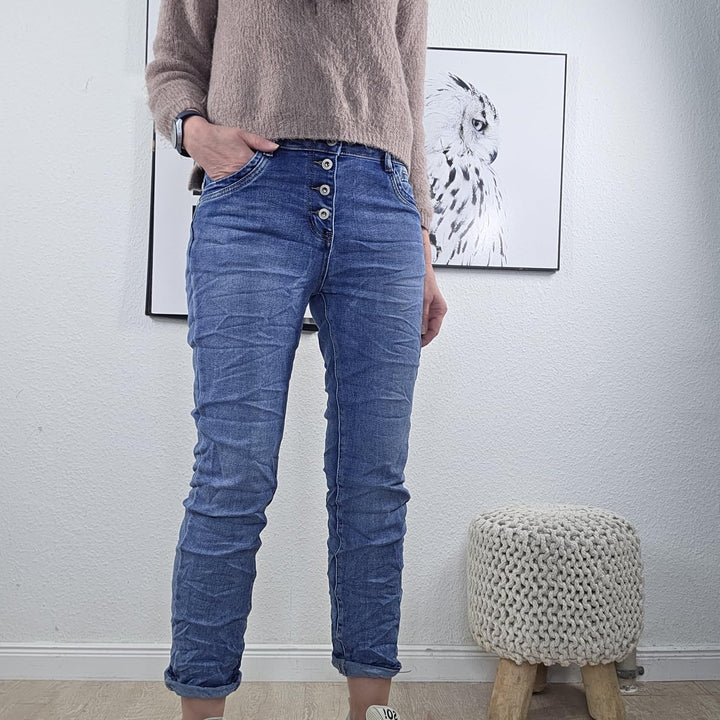 Karostar Damen Boyfriend Stretch Jeans mit offener Knopfleiste L Denim Middle Blue, L Denim Middle B