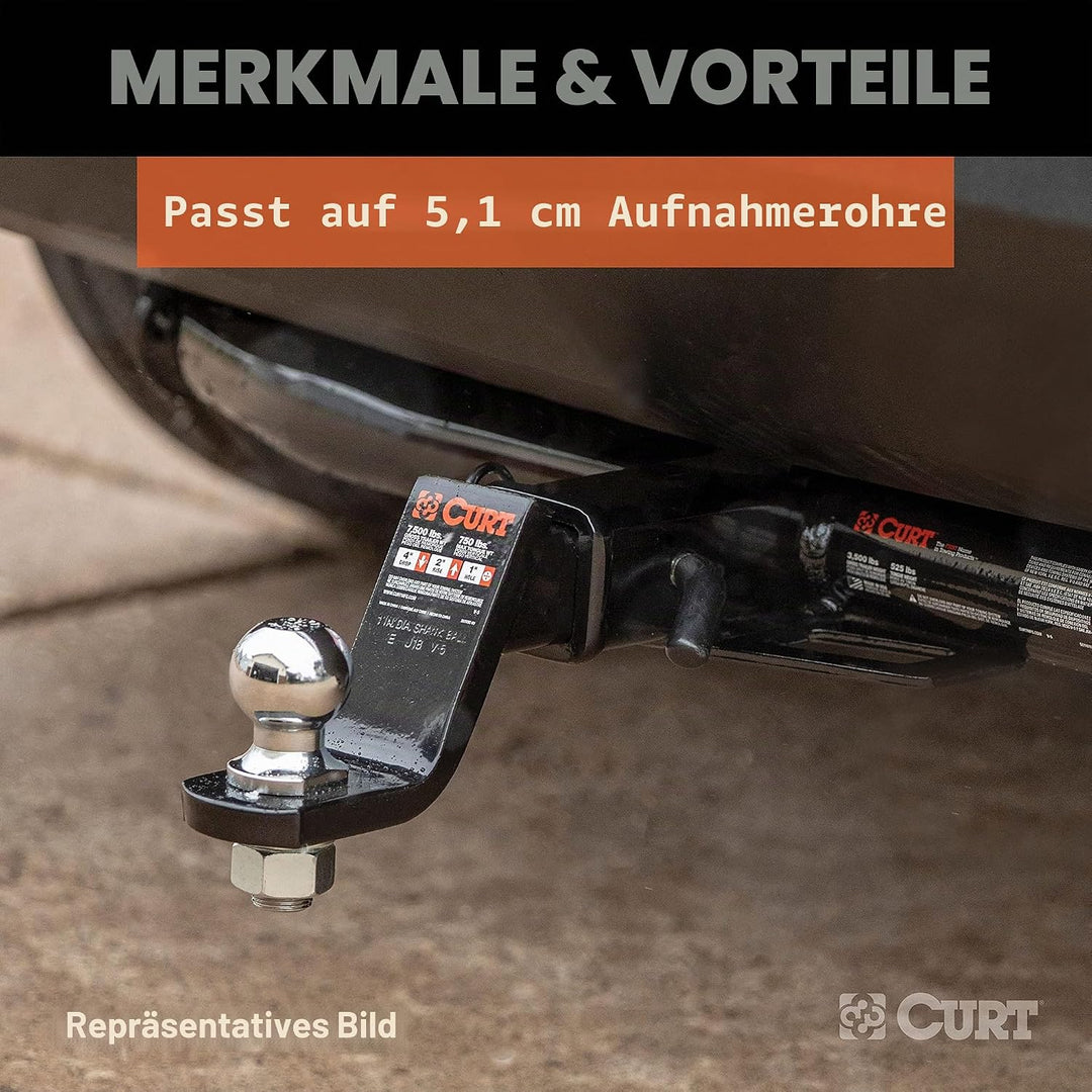CURT 45056 Anhängerkupplungshalterung mit 5,1 cm Kugel und Stift, passend für 2-Zoll-Empfänger, 3,4