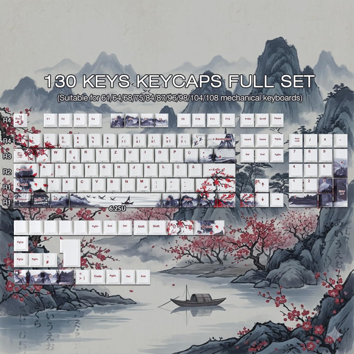 PBT German Keycaps, 133 Keys Double Shot Landscape Plum Blossom Keycaps Dye-Sub Cherry Profile Side