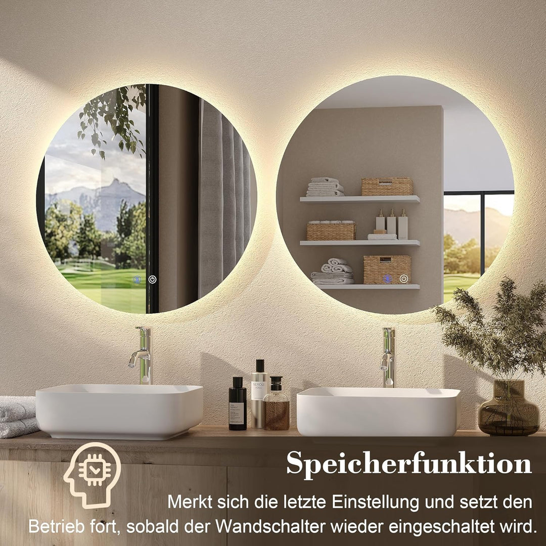 Runder Spiegel mit Beleuchtung, LED Spiegel Rund 60 cm, Badspiegel mit Beleuchtung Rund, mit 3 Licht