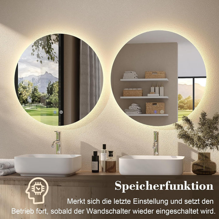 Runder Spiegel mit Beleuchtung, LED Spiegel Rund 60 cm, Badspiegel mit Beleuchtung Rund, mit 3 Licht