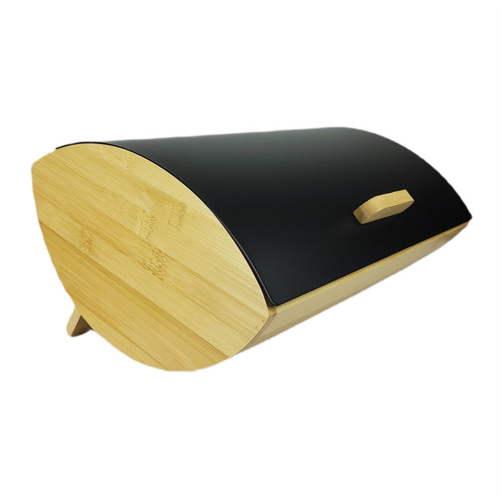 Brotkasten 35 cm, Bambus-Brotbox mit schwarzem Metalldeckel und Griff, kompakter Brotbehälter für Br