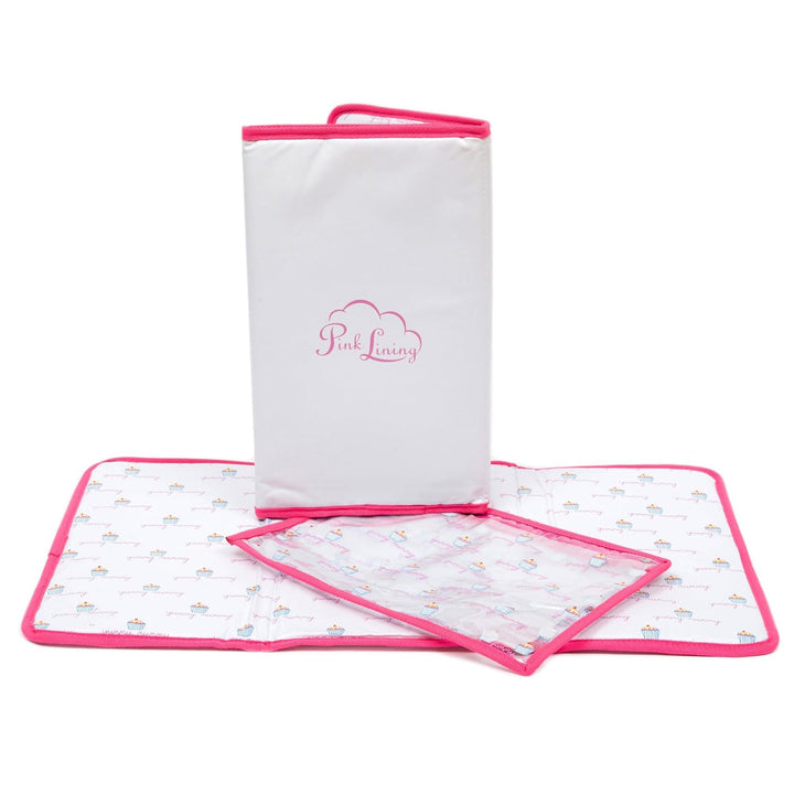 Baby-Wickeltasche mit Aufschrift „Twice as Nice“ - Pink, mit cremefarbene Schleifen, von Pink Lining