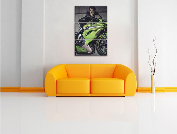Pixxprint Sexy Neongrünes Bike mit Model 3Teiler 120x80 cm Leinwandbild Wandbild Kunstdruck