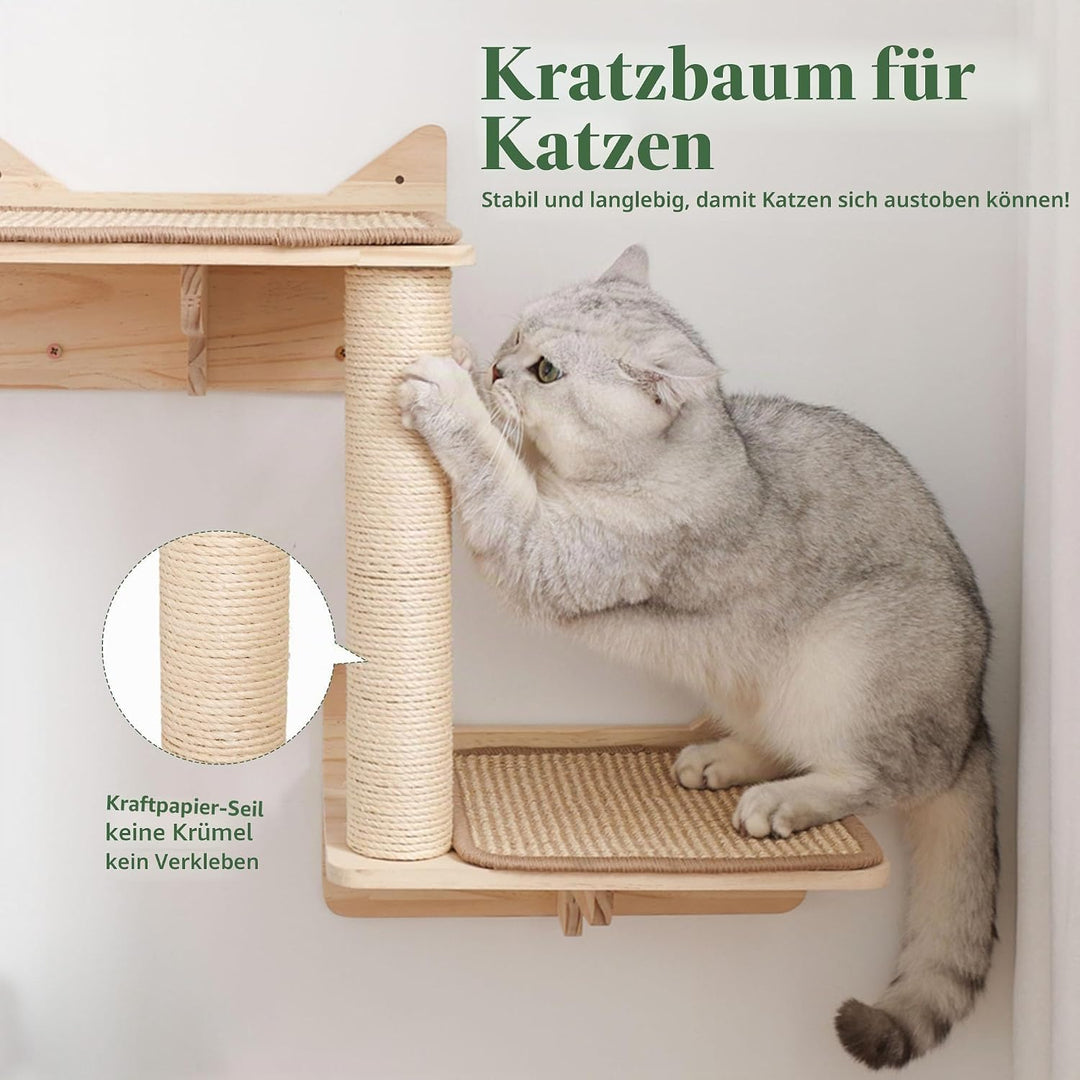 Set von Wandregalen für Katzen, mit Haus, Sisal-Kratzbaum, Kletterstufen, aus massivem Holz, für den