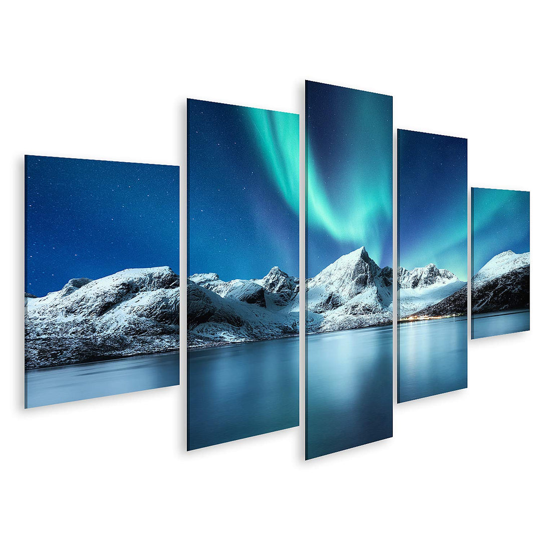 islandburner Bild auf Leinwand Aurora Borealis Lofoten Inseln Norwegen Nordlichter Berge Reflexion W