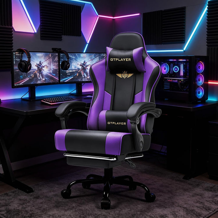 GTPLAYER Gaming Stuhl Chair Gamer Sessel - Ergonomischer Gamer Stuhl mit Fussstütze Kopfstütze und L