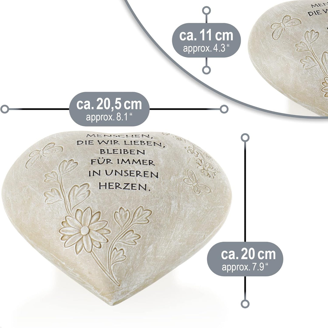 com-four® Grab-Dekoration in Herz-Form - verzierter Trauerstein mit Gedenkspruch - Gedenkstein mit A