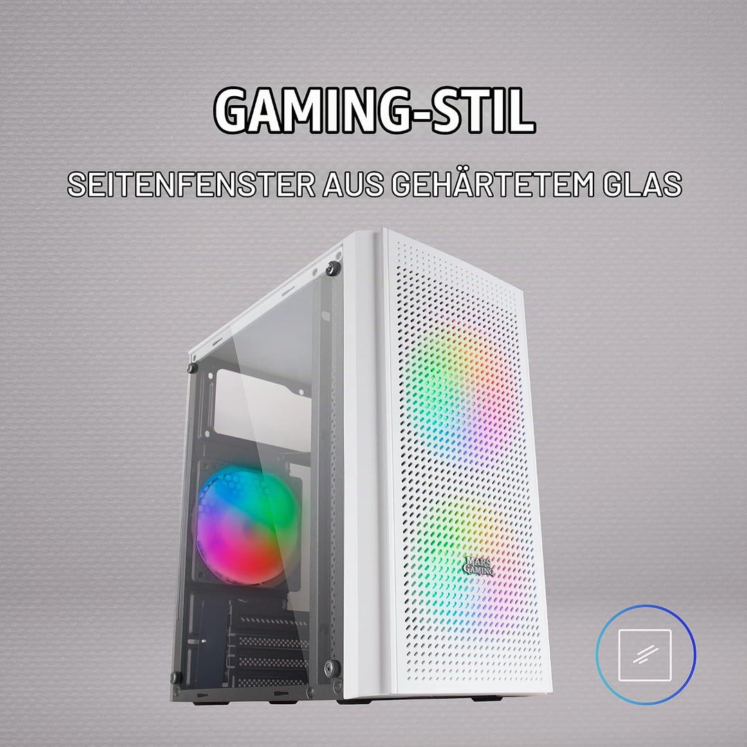 Mars Gaming MC300W Weiss, MicroATX PC Gehäuse, Gehärtetes Glas, Mesh Front, 3xFRGB Lüfter, MC300W