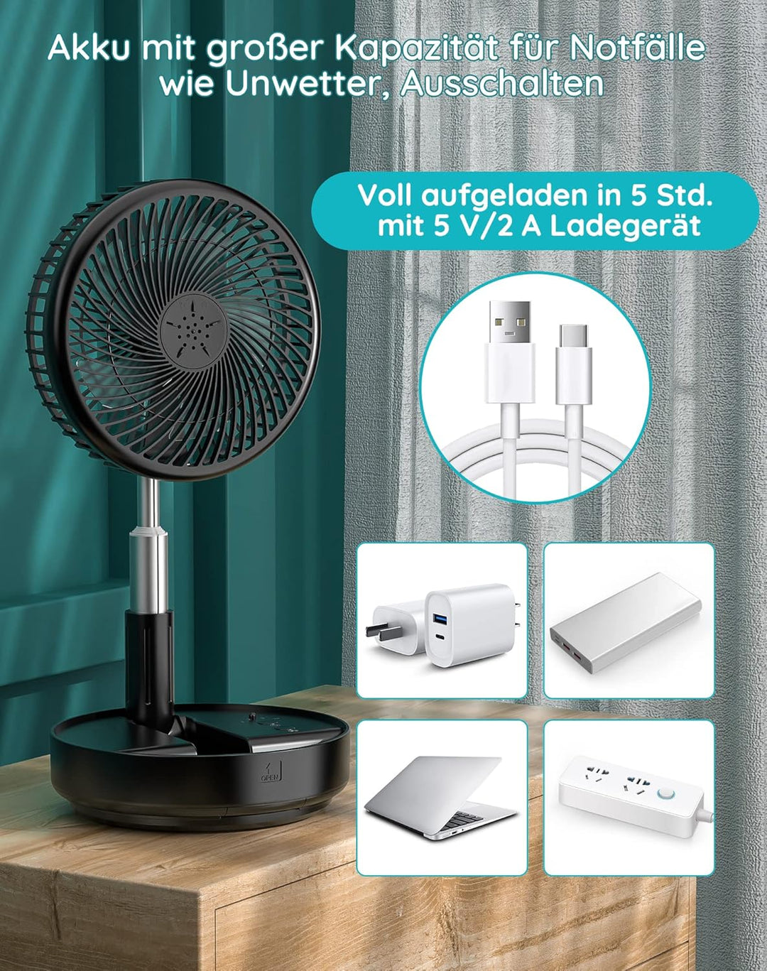 Tragbarer oszillierender Ventilator, höhenverstellbarer Ventilator mit Fernbedienung, faltbarer Vent