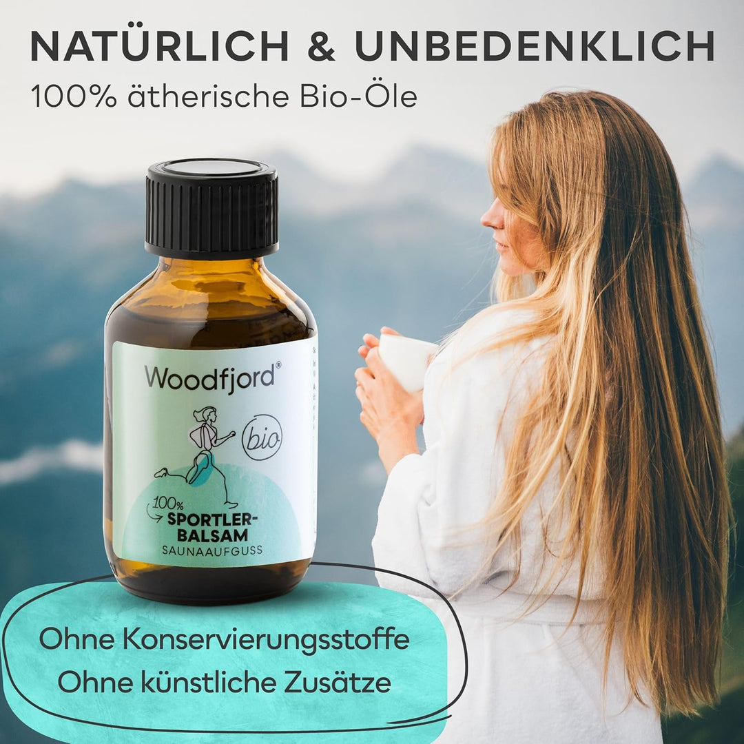 WOODFJORD Saunaaufguss Sportlerbalsam BIO 100 ml I Mit Wintergrünöl I Premium Sauna Aufgussmittel fü