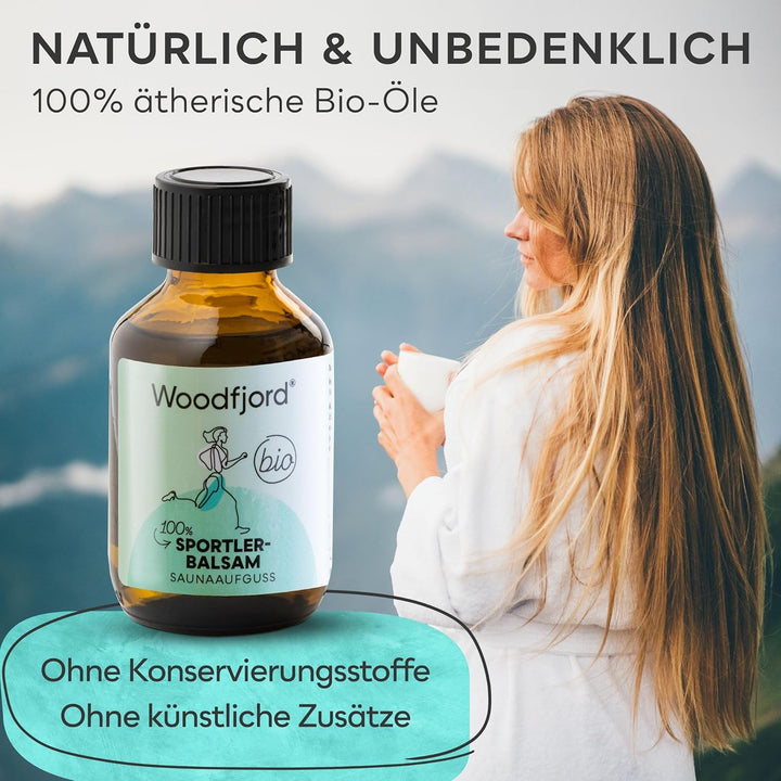 WOODFJORD Saunaaufguss Sportlerbalsam BIO 100 ml I Mit Wintergrünöl I Premium Sauna Aufgussmittel fü