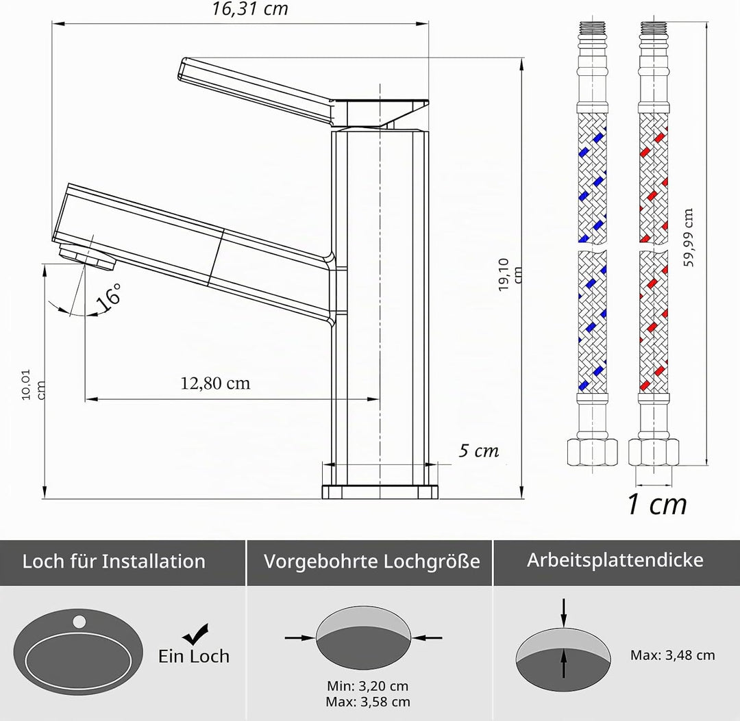 KAIYING Waschtischarmatur mit Herausziehbarer Spritze, Mischbatterie Waschbecken für Heisses und Kal