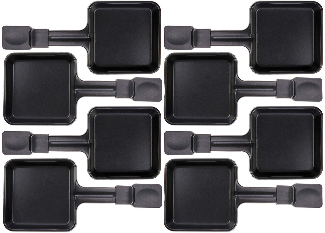 8x Raclette Pfännchen 23178 10x10cm, Griff Extra Lang, Universell für Raclettes (Masse siehe Text)