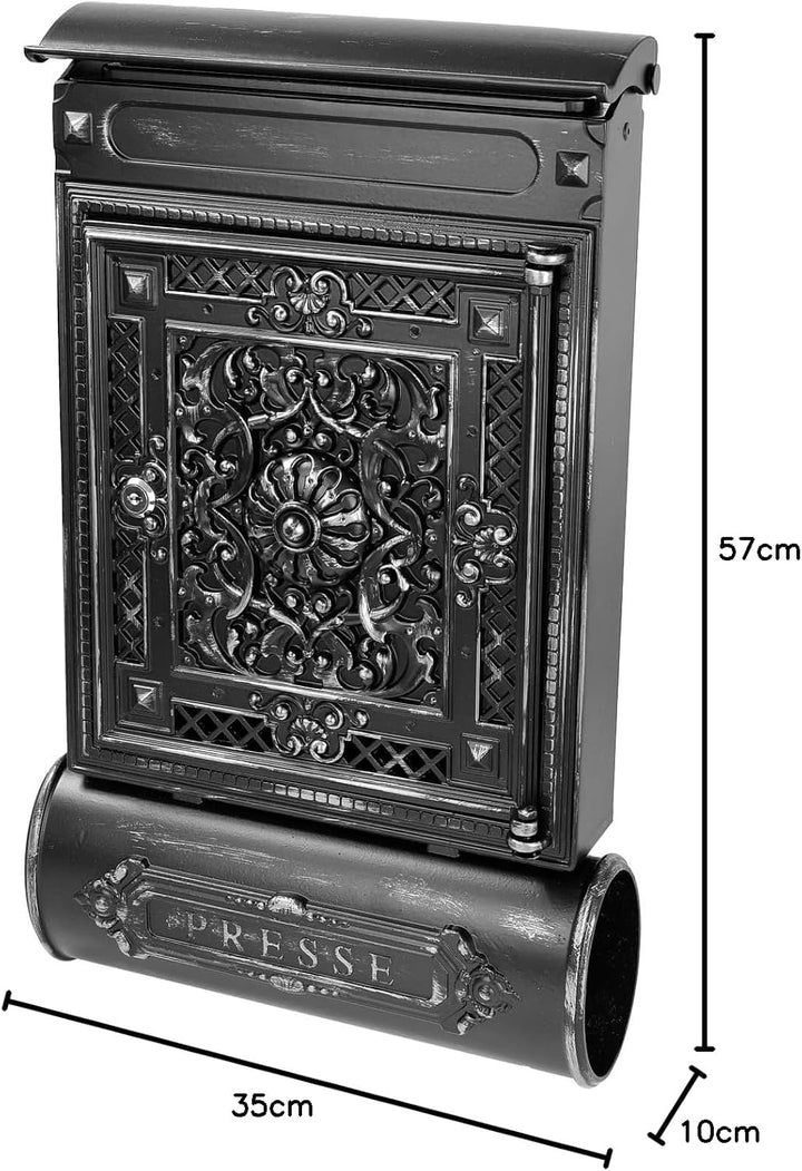 HMF Briefkasten Antik mit Zeitungsfach, Vintage Postkasten aus Aluguss | 57 x 35 x 10 cm | Schwarz-S