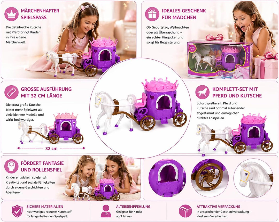 Prinzessinnen Kutsche mit Pferd 32 cm – Grosses Märchen Spielset für Mädchen – Puppenkutsche Kinder