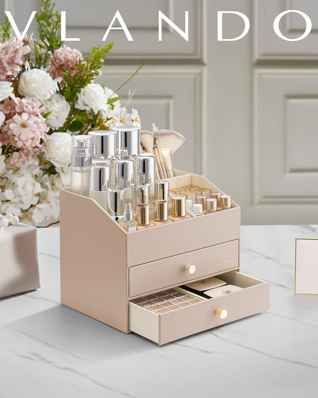 VLANDO Make up Organizer mit 3 Schubladen, Schminktisch Kosmetik Skincare Parfüm Organizer, für Bade