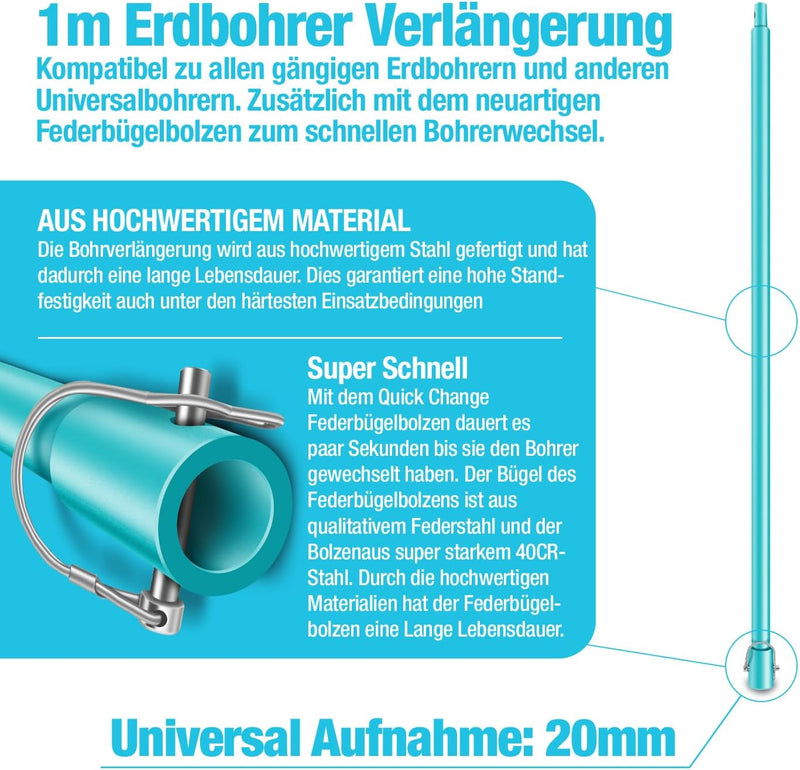 BRUNNENTAL ® 1m Erdbohrer Verlängerung - Für Brunnenbohrer Erdbohrer Handerdbohrer zum Tiefenbohren