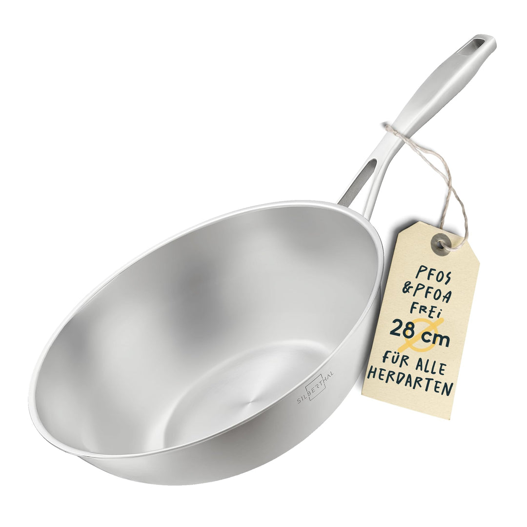 SILBERTHAL Wokpfanne Unbeschichtet Induktion 28 cm - Edelstahl Wok zum Frittieren und Braten- Für al