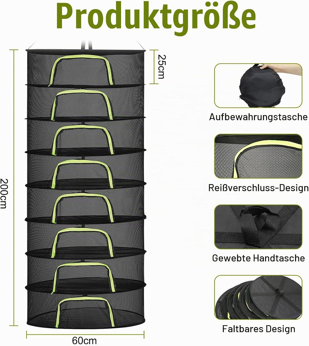 8 Lagiges Trockennetz Kräuter, 200 cm Kräutertrockner Hängend, Trocknungsnetz mit S Haken und Reissv