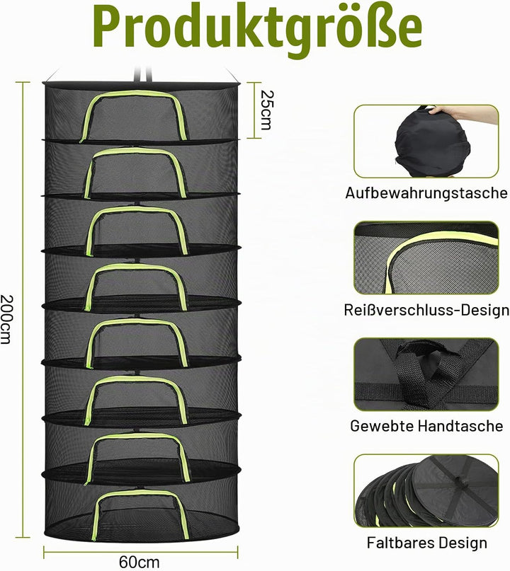8 Lagiges Trockennetz Kräuter, 200 cm Kräutertrockner Hängend, Trocknungsnetz mit S Haken und Reissv