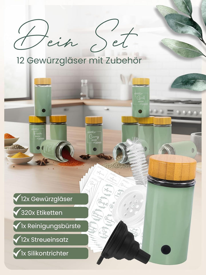 Fräulein Zimmerzauber - Gewürzgläser 12 Stück - Gewürze in deiner Küche ordentlich & modern aufbewah