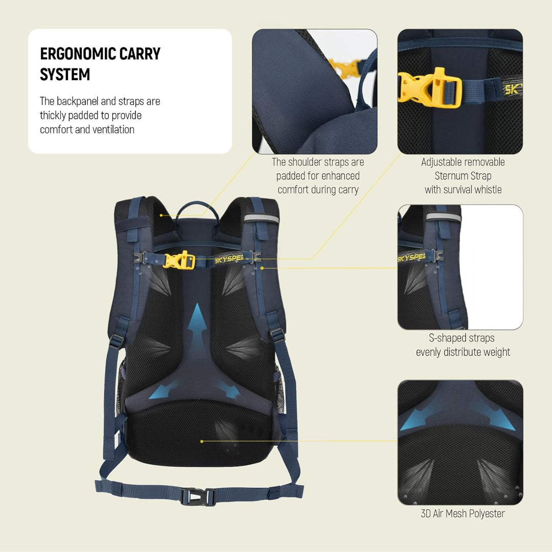 SKYSPER Wanderrucksack 25L, Klein Rucksack mit Rückenbelüftung aus atmungsaktivem 3D Air Mesh Tagesr