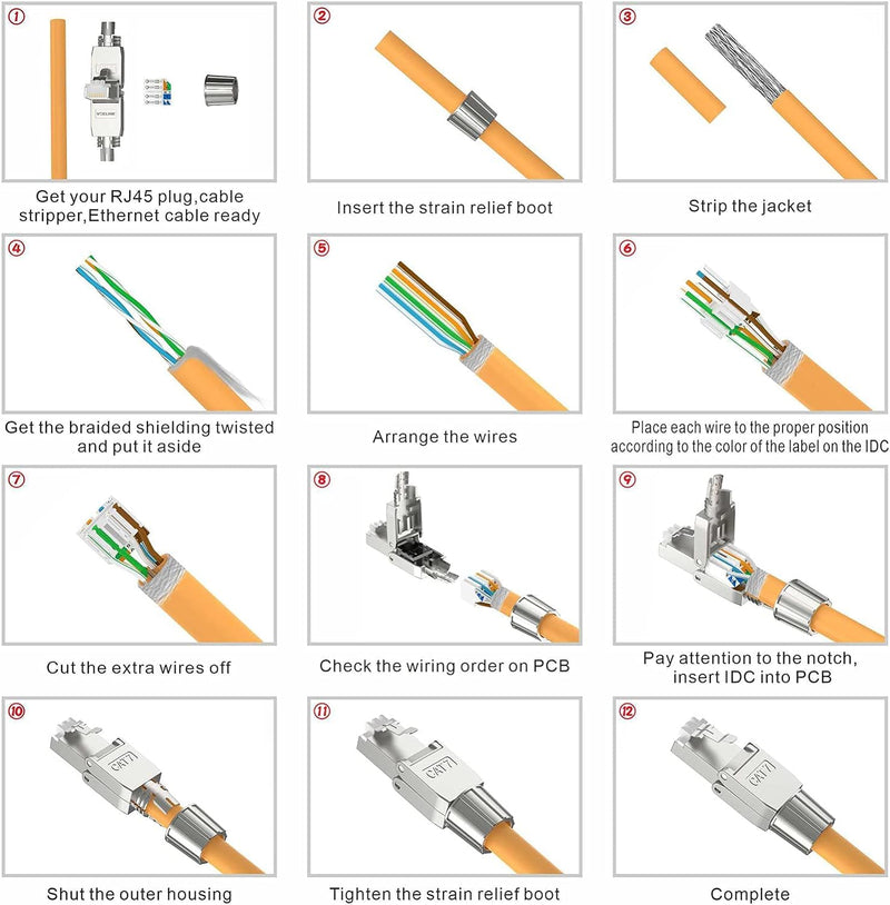 VCELINK RJ45 Stecker Werkzeuglos für Verlegekabel Cat7 Cat6A Netzwerkstecker Werkzeuglos Feldkonfekt