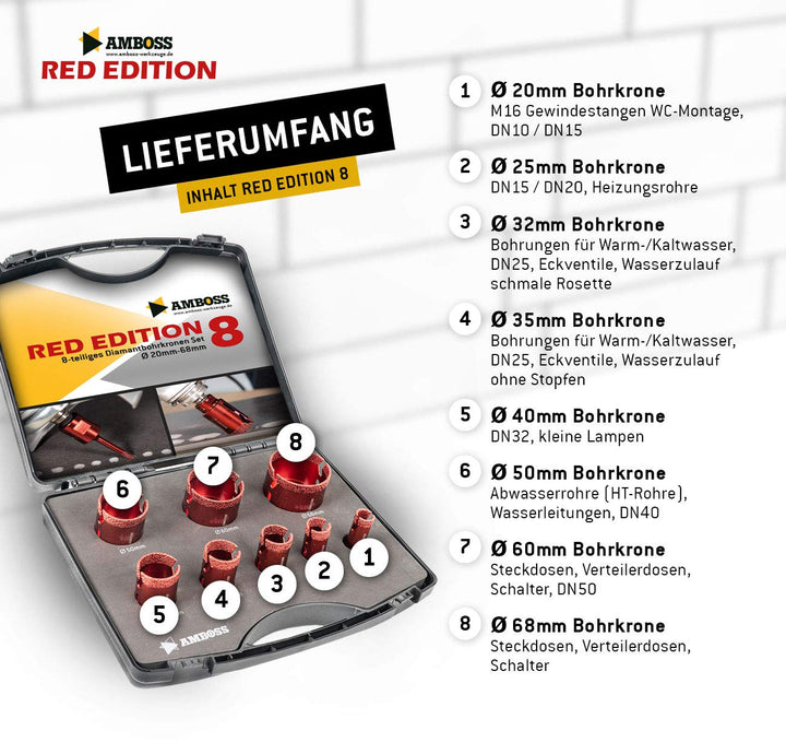 Amboss RED EDITION 8 M14 Set Ø 20/25 / 32/35 / 40/50 / 60/68 mm Diamant Bohrkrone - für Winkelschlei