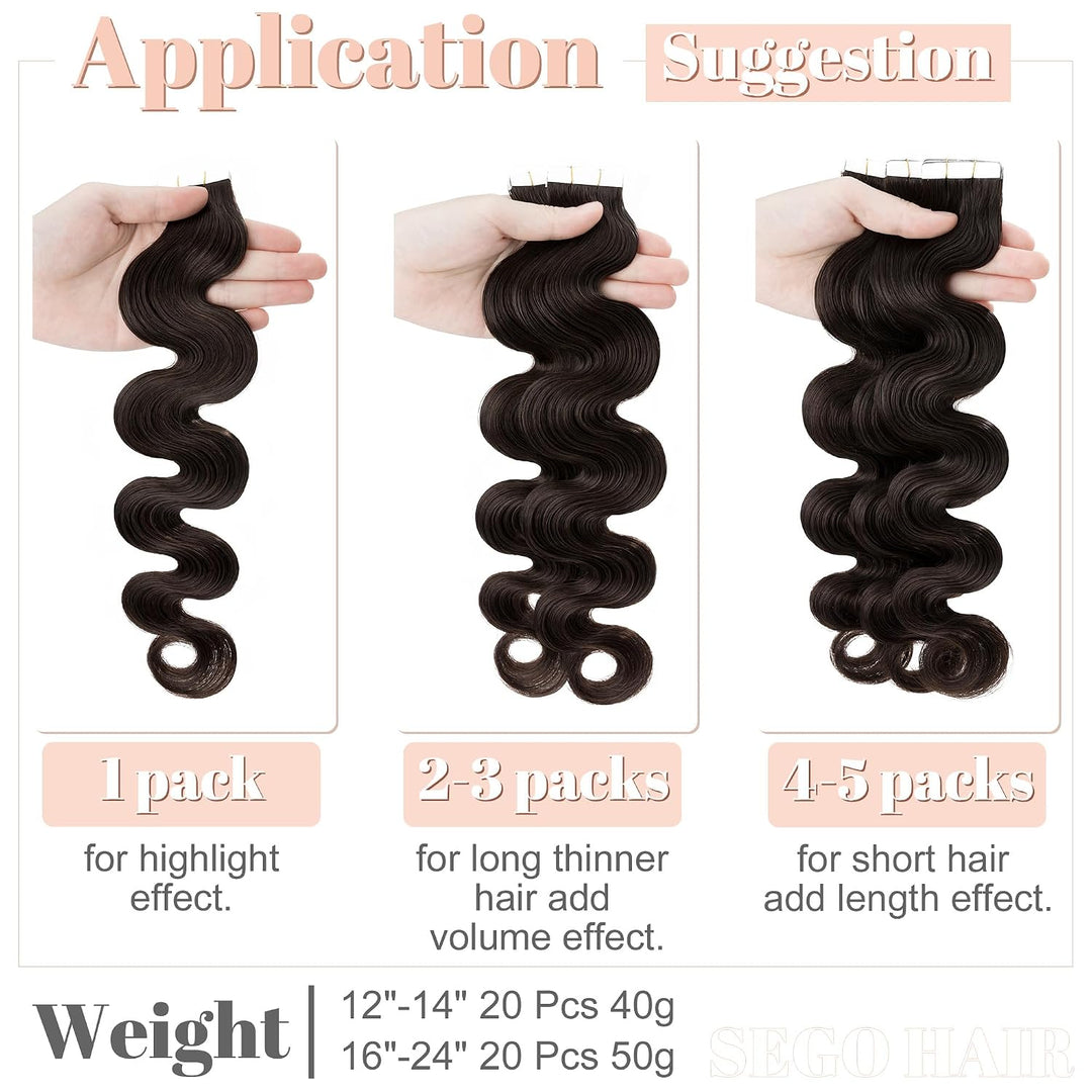 SEGO Tape Extensions Echthaar GEWELLT Klebeband Haarverlängerung 20 Stück 50G mit 10 PCS Doppelseiti