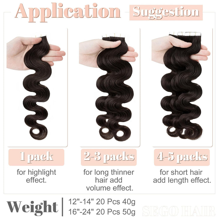 SEGO Tape Extensions Echthaar GEWELLT Klebeband Haarverlängerung 20 Stück 50G mit 10 PCS Doppelseiti