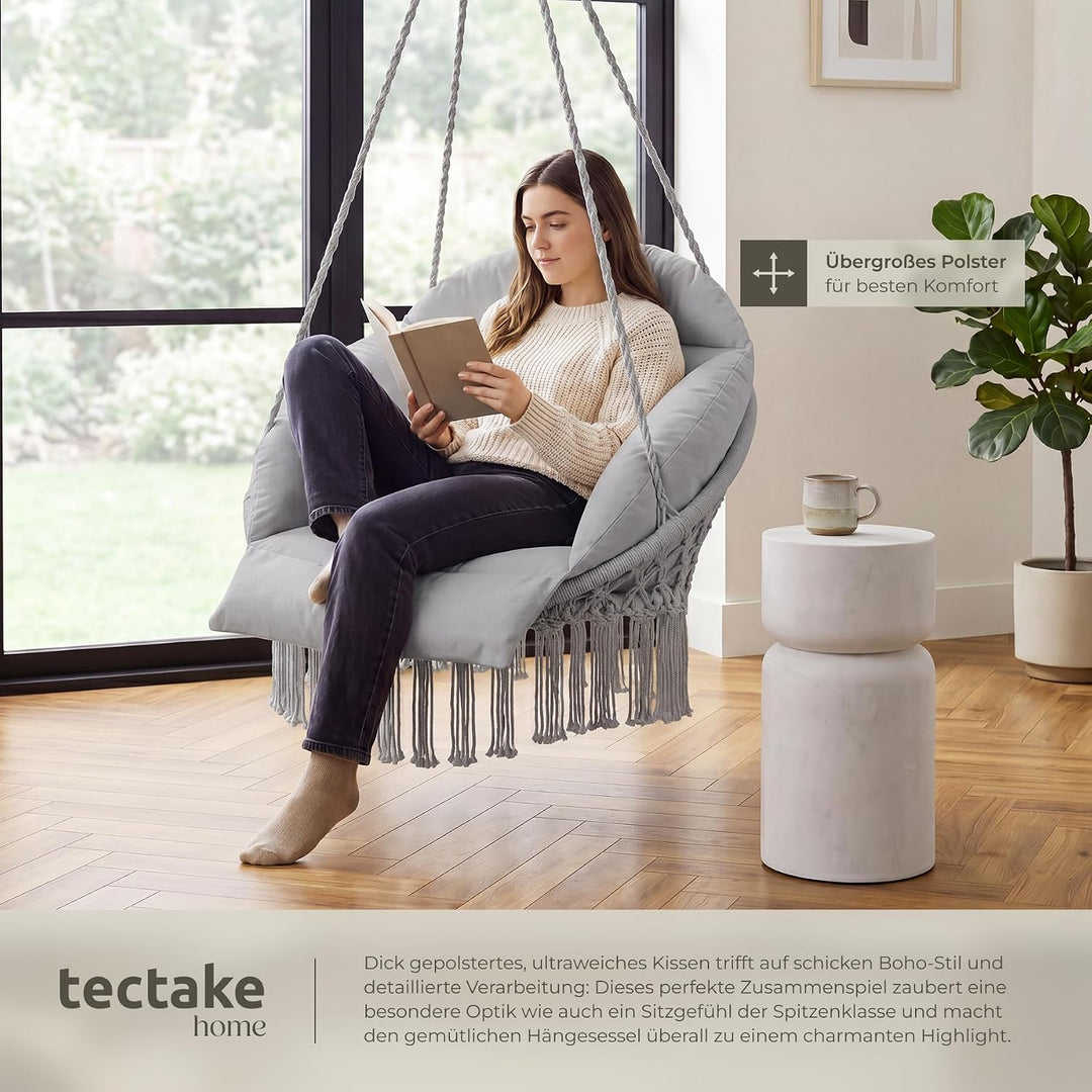 tectake® Hängesessel, Hängeschaukel mit dicken Kissen &amp; Quasten, Boho Hängekorb Ø 80 cm, Hängesessel