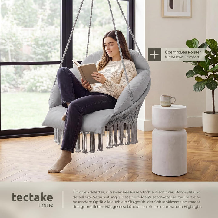 tectake® Hängesessel, Hängeschaukel mit dicken Kissen &amp; Quasten, Boho Hängekorb Ø 80 cm, Hängesessel