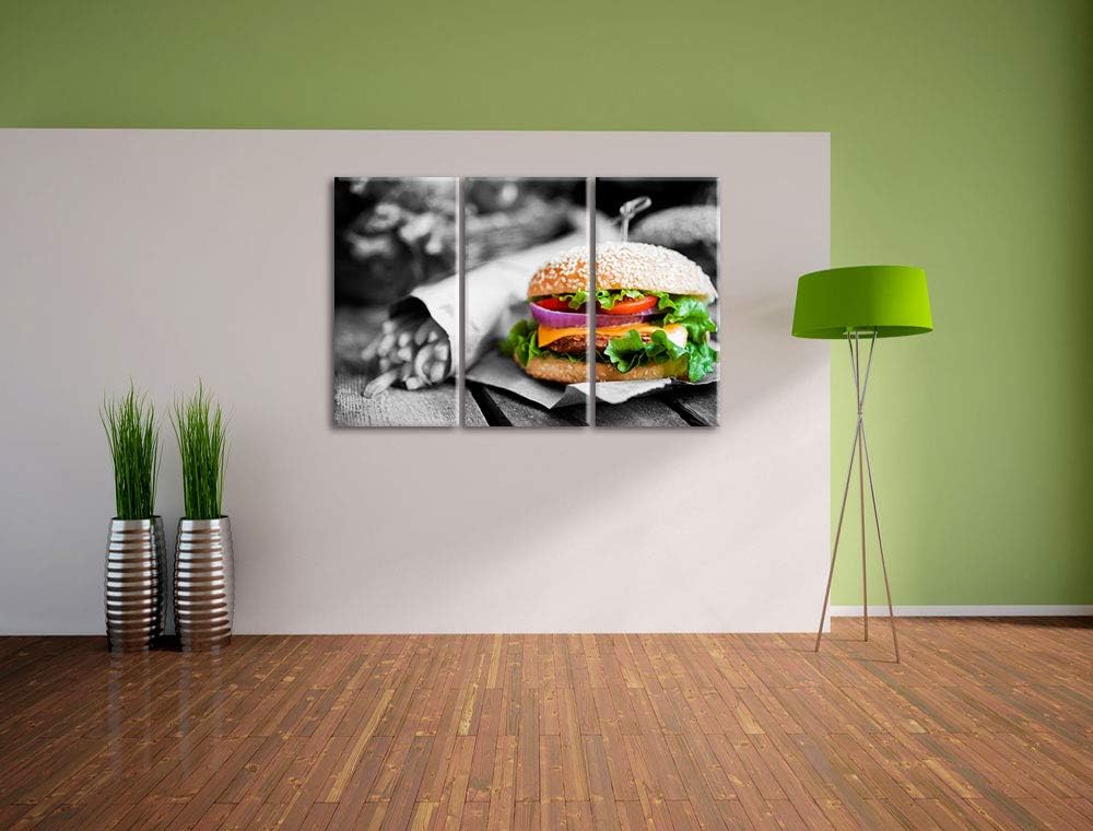 perfekter Burger mit Pommes schwarz/weiss 3-Teiler Leinwandbild 120x80 Bild auf Leinwand, XXL riesig