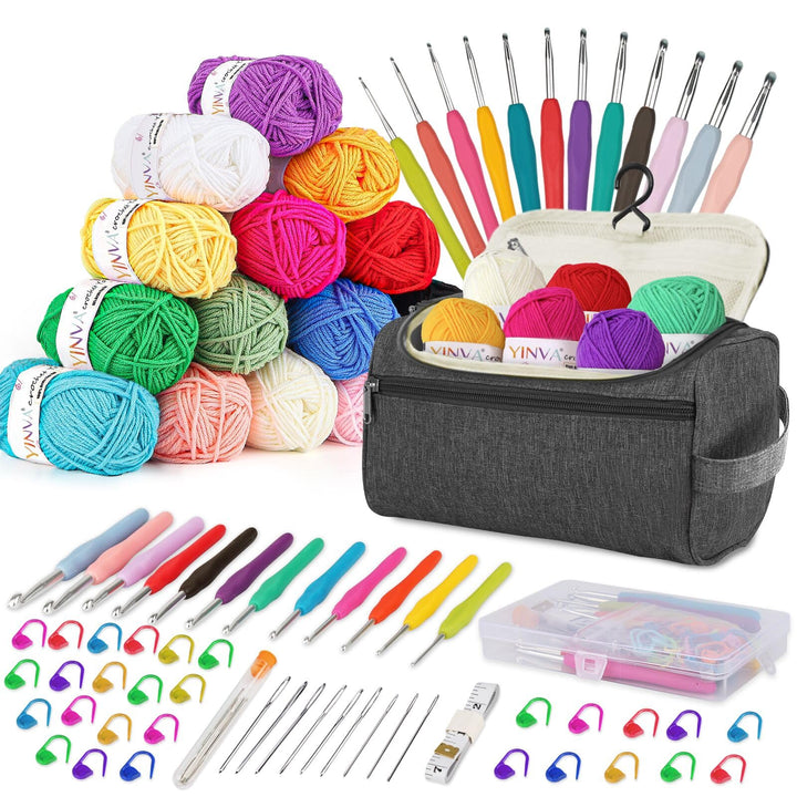 YINVA Beginners Häkelset für Anfänger Häkelnadel Set 15Pcsx25g Häkelgarn 2mm-8mm Ergonomische Häkeln