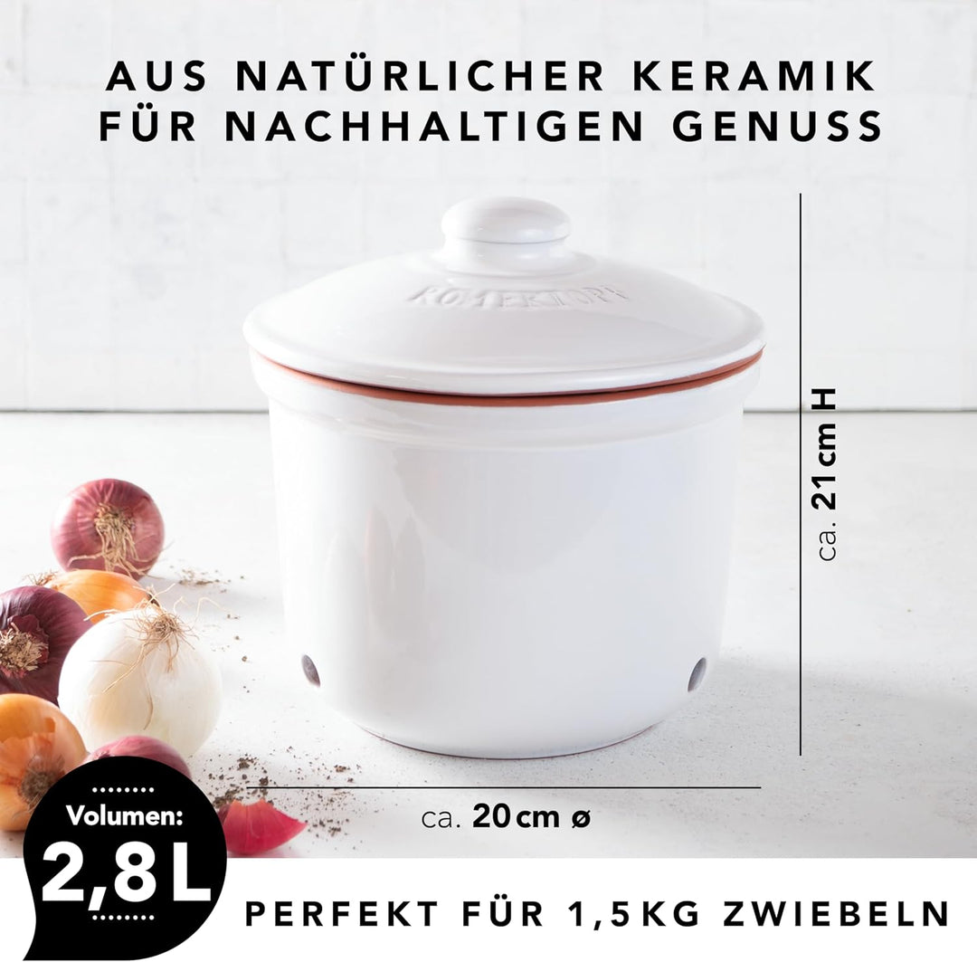 Römertopf Zwiebeltopf Frische-Topf MAXI aus Naturton, Keramik Vorratstopf Ø 20,0cm weiss ø21cm, ø21c