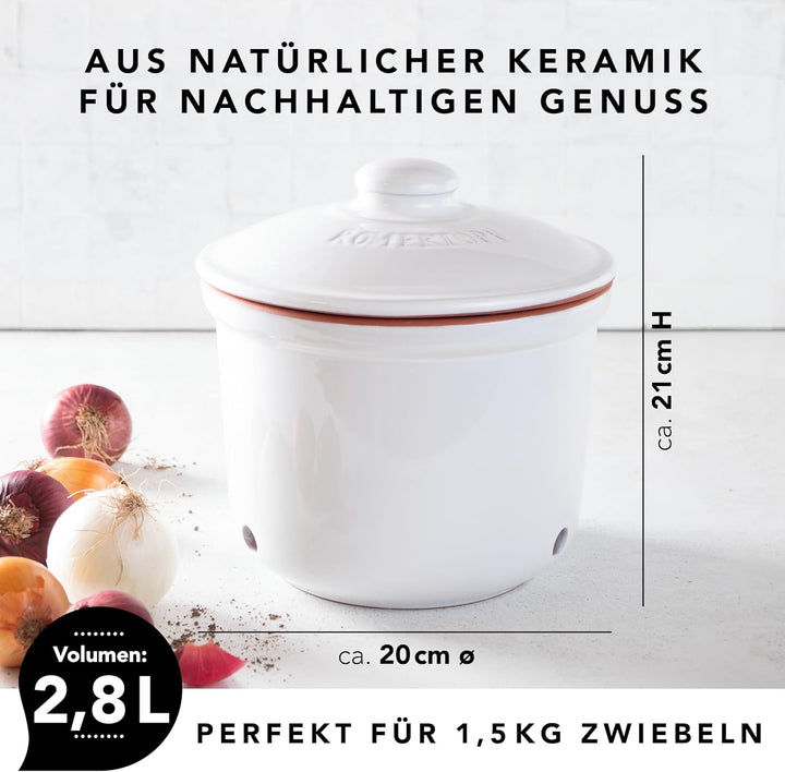 Römertopf Zwiebeltopf Frische-Topf MAXI aus Naturton, Keramik Vorratstopf Ø 20,0cm weiss ø21cm, ø21c