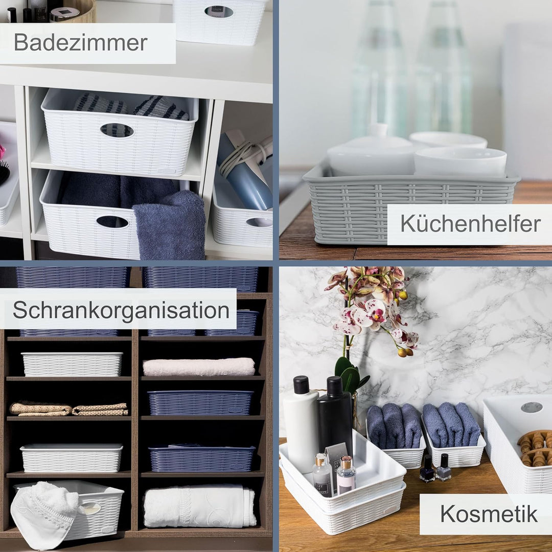 6x Aufbewahrungskörbchen 12 cm hoch GRAU Rattan-Optik- 35x28x12cm DINA4 - Ordnungskorb Ordnungsbox S