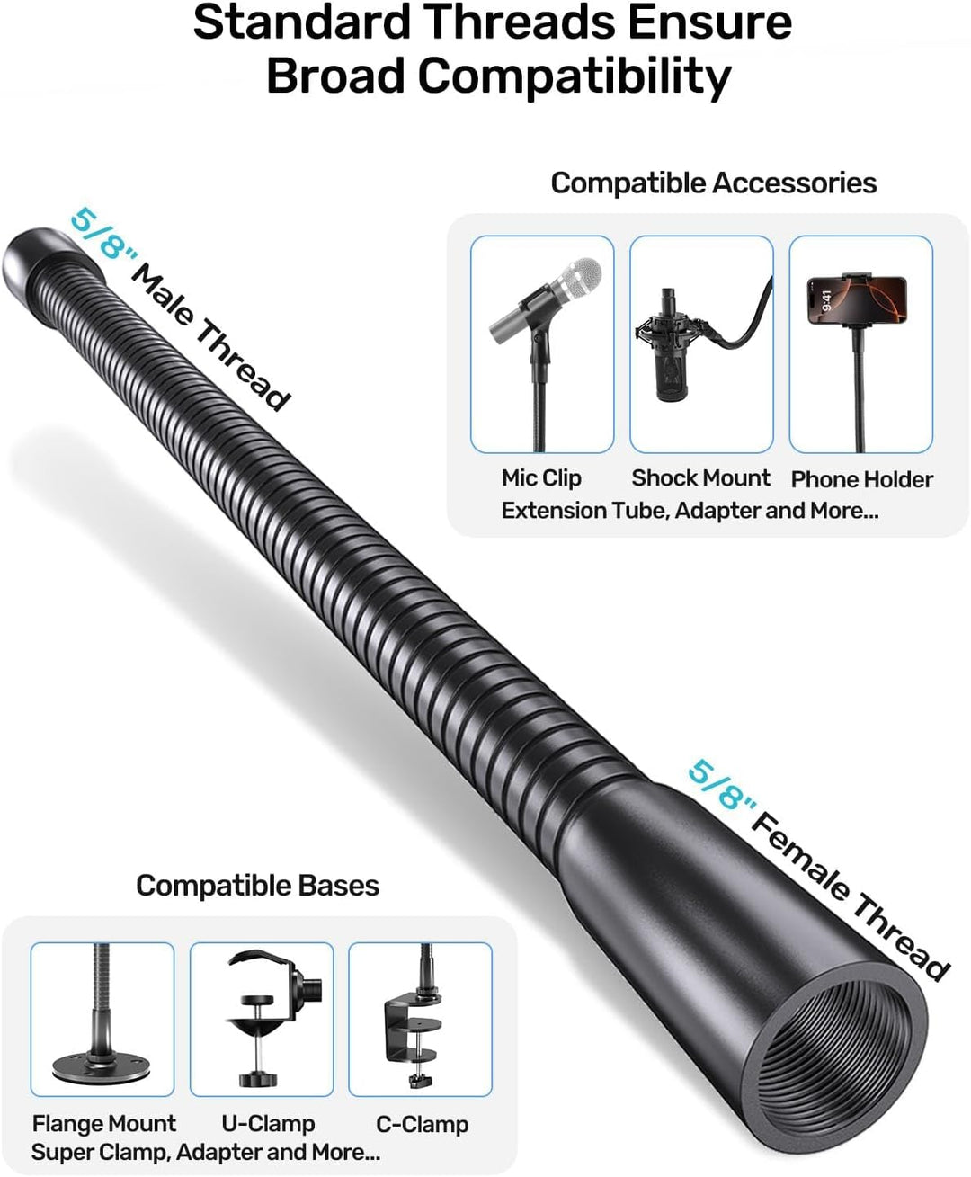 13-Zoll-Mikrofon-Schwanenhals (5/8-27 Gewinde) –Robuster Universal-Mikrofonarm für Mikrofonständer,