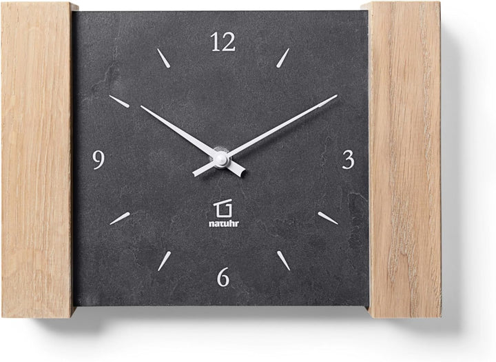 Natuhr Tischuhr Wanduhr Matterhorn Holz Eiche Heller Stein Schiefer Funkuhrwerk (Schwarz/Eiche gekal