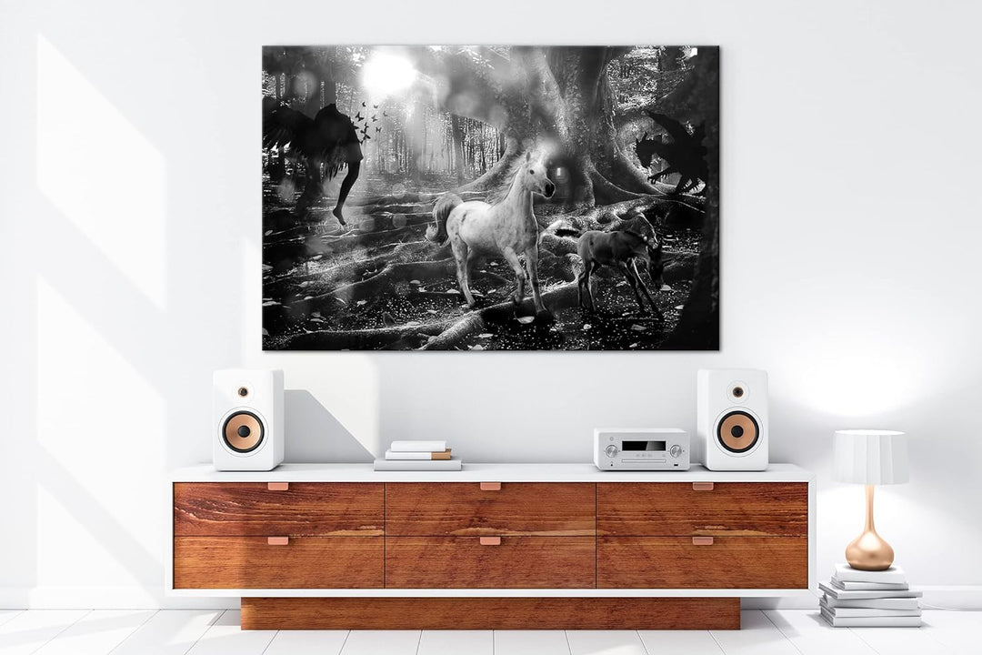 deyoli zauberhaftes Einhorn Format: 80x60 Effekt: Schwarz&Weiss als Leinwandbild, Motiv fertig gerah