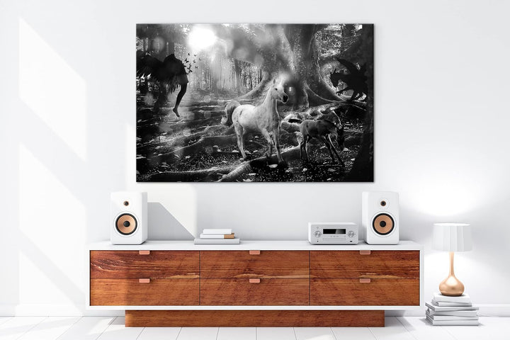deyoli zauberhaftes Einhorn Format: 80x60 Effekt: Schwarz&Weiss als Leinwandbild, Motiv fertig gerah