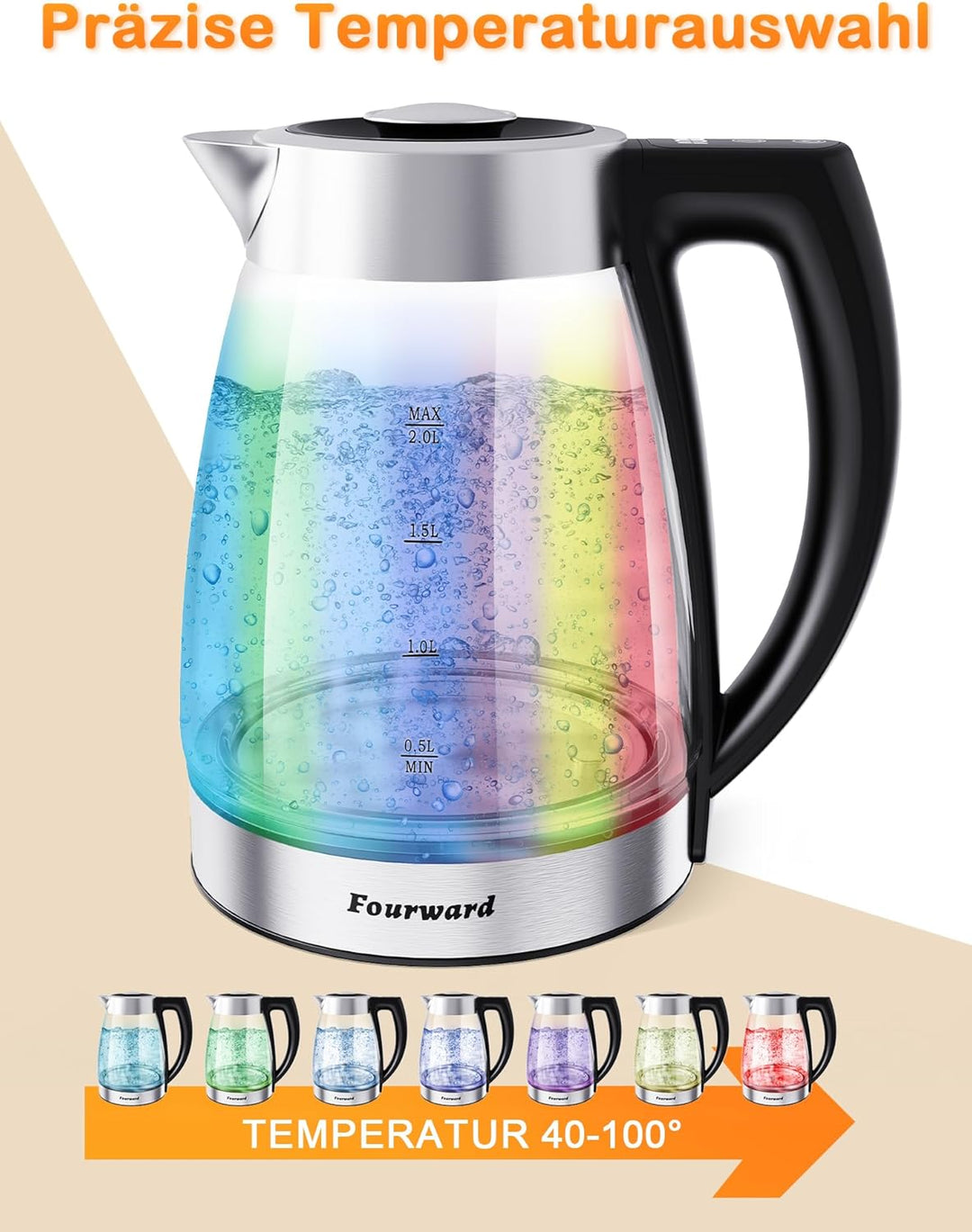 Fourward Wasserkocher – 2.0L 2200Wall Glas Kettle mit Temperaturwahl, BPA frei, Digitale Temperatura