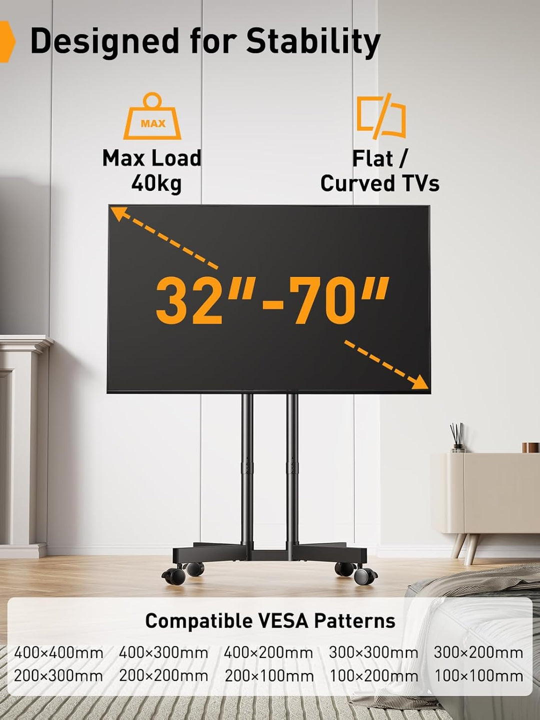 PERLEGEAR TV Ständer Rollbar für 32-70 Zoll Plasma/LCD/LED Fernseher, TV Standfuss Höhenverstellbar